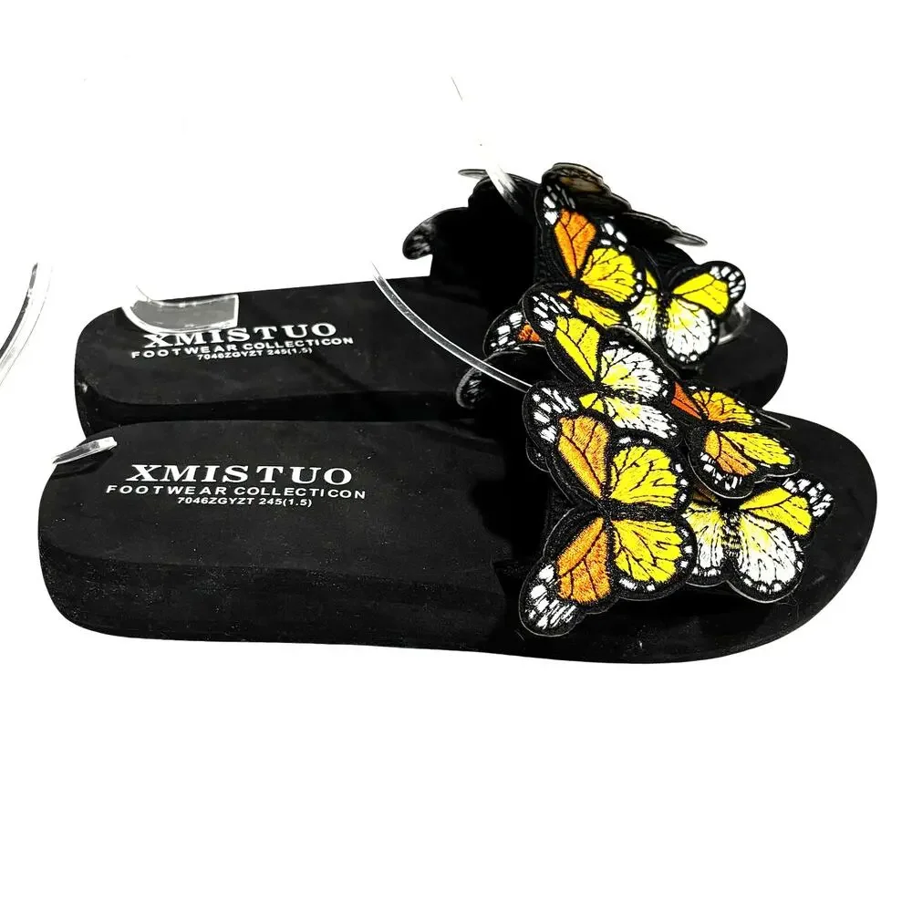 XMistuo Butterfly Embellished flip flop slide sandals black orange yellow shoes